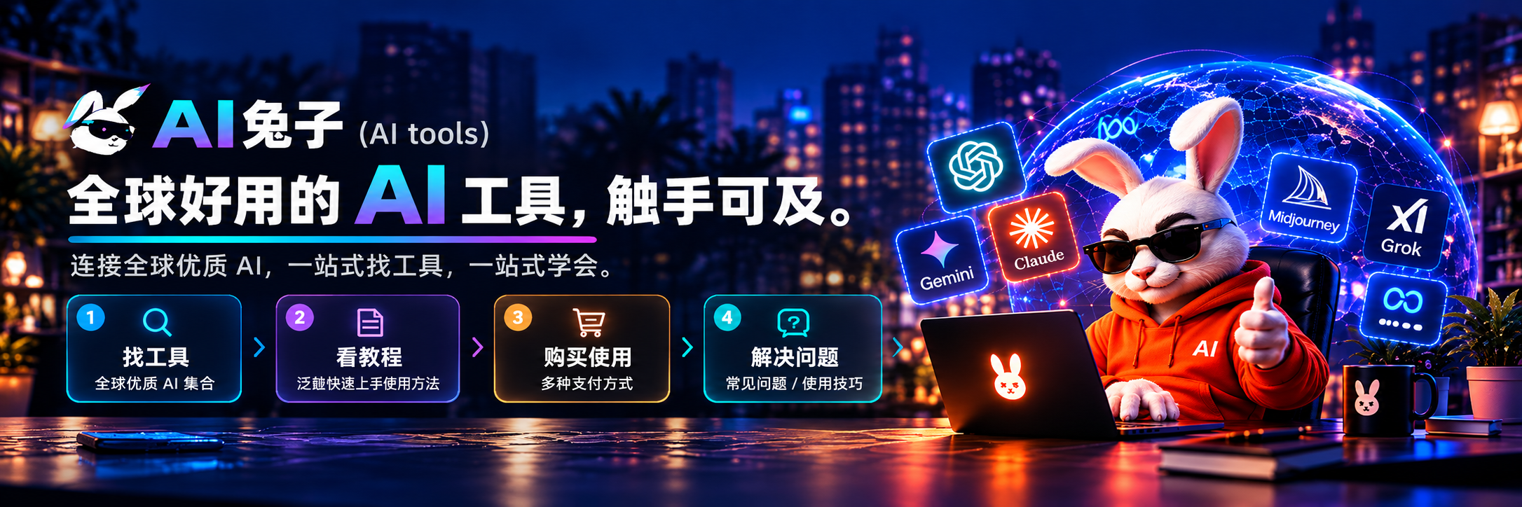 AI兔子:全球好用的AI工具,触手可及。找工具、看教程、购买使用、解决问题。